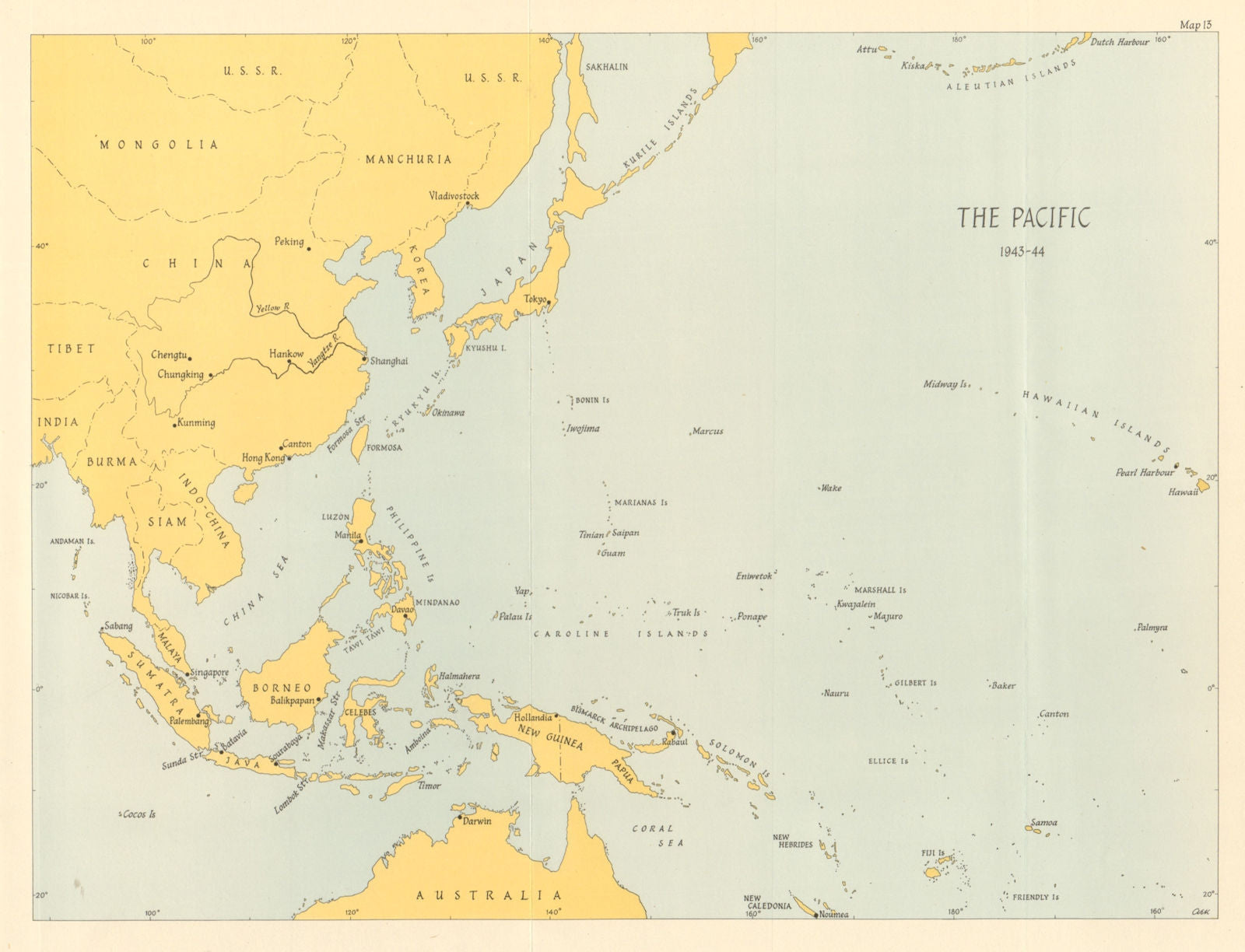 Pacific Ocean theatre 1943/44. World War 2 1961 old vintage map plan chart